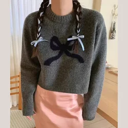 Cute Ribbon Knit Sweaters for Women Teen-girl Long Sleeve Sweet Bow Print Pullovers Fall Winter Loose Vintage Female Jumpers