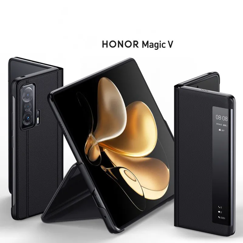 

Smart Genuine Leather Stand Case for Honor Magic V Window View Real Leather Phone Cover Shell