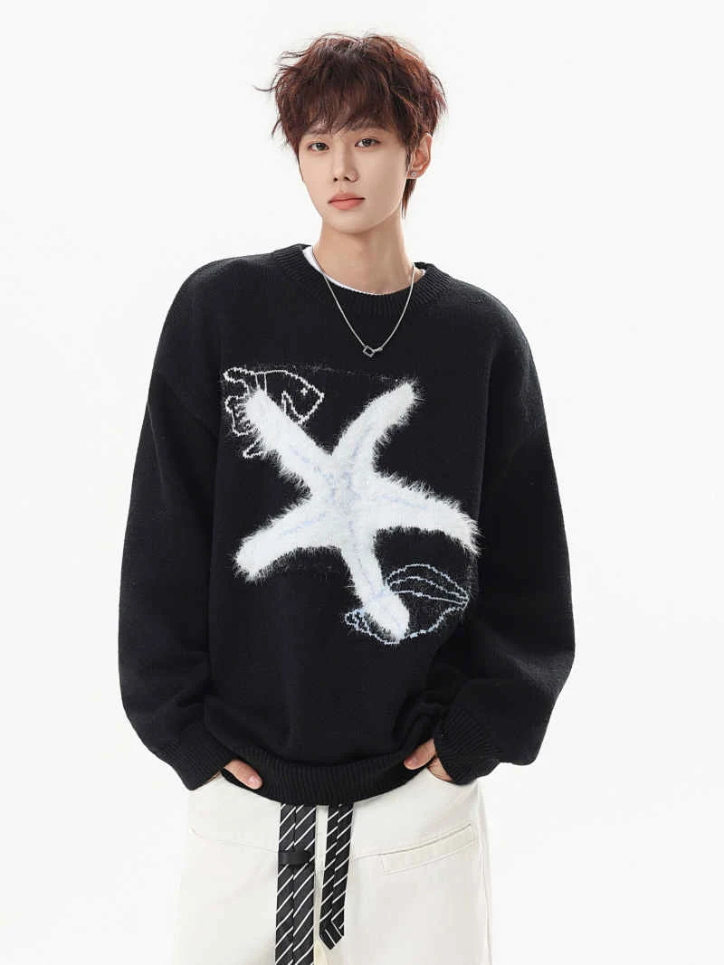 

Trendy Starfi Embroidered round Ne Long Sve Knitted Sweater Casual Loose Fit Winter Men's Faion Street Sle Knitwear