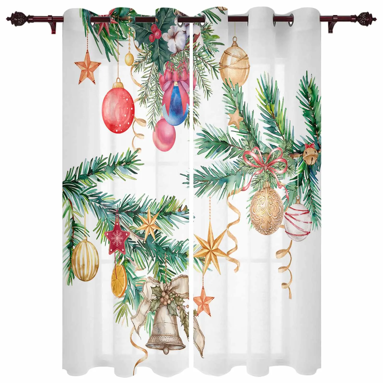 Christmas Pine Tree Light Ball Ribbon Windows Curtains Living Room Luxury Decor Christmas Curtains Bedroom Kitchen Window Drapes