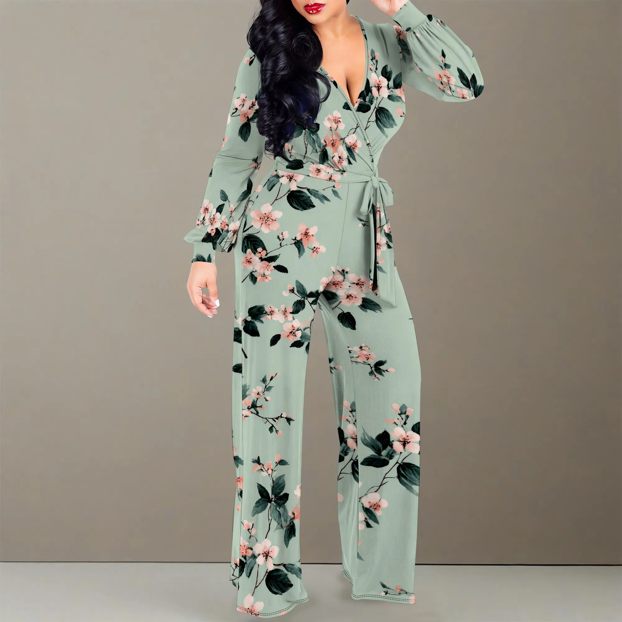 Macacões femininos elegantes negócios casual botão para baixo decote em v alça de manga comprida calças compridas retas com bolsos