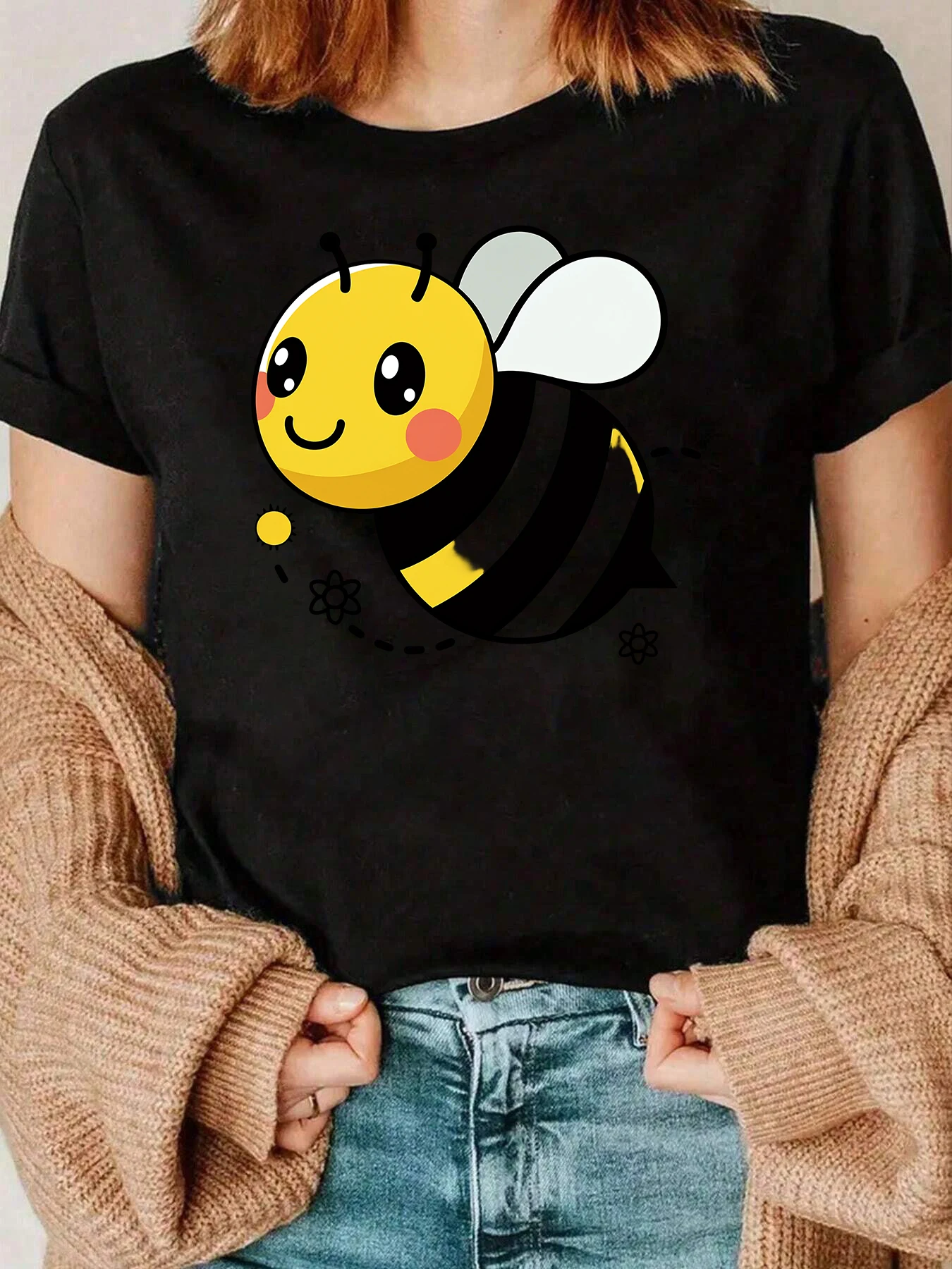 

Cute Bee Print T Shirt For Spring Summer Casual Wear Women 220g