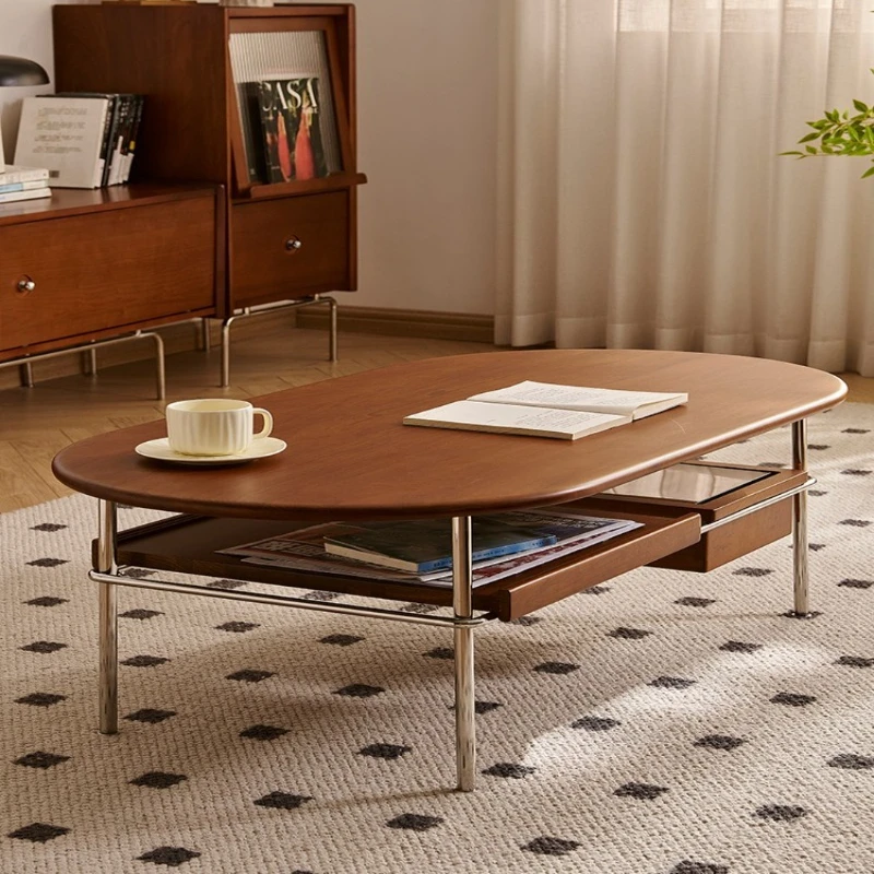 

Medieval style solid wood coffee table, Nordic retro tea table, cherry wood living room household small apartment double-layer