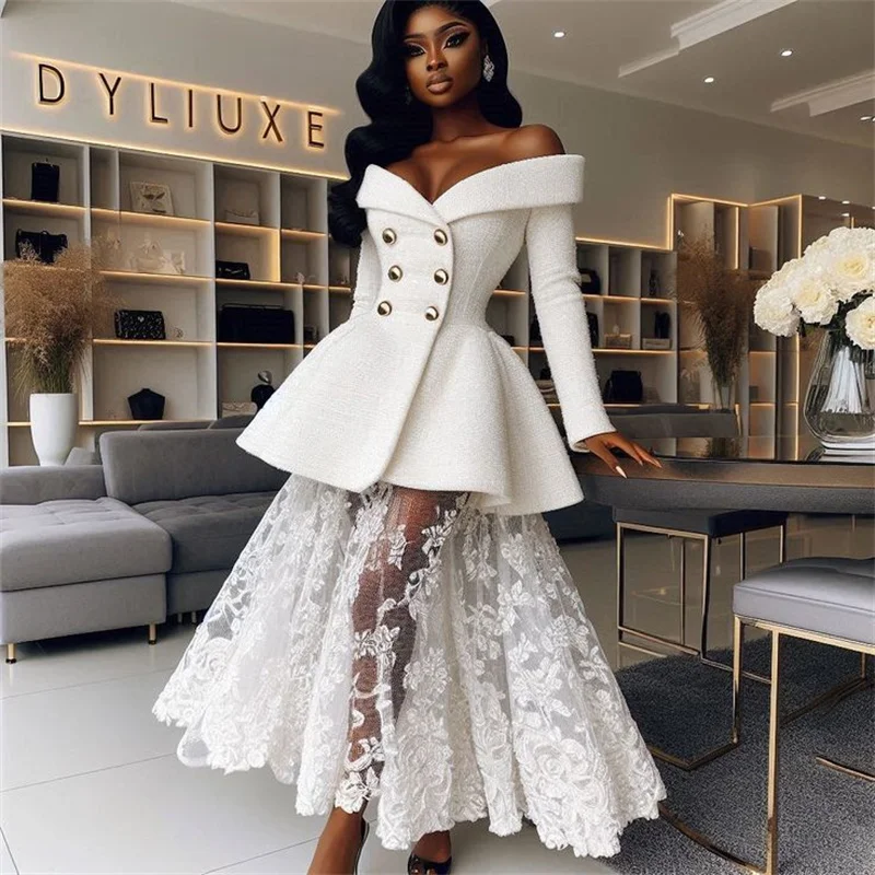 

White Women Suits Skirt Set 2 Piece Blazer+Lace Prom Dress Customized Formal Office Lady Jacket Cotton Wedding Party Coat