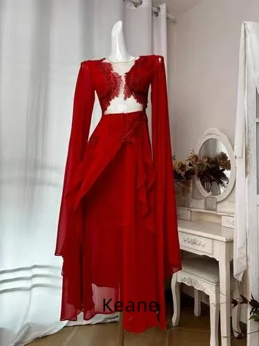 

Red Chiffon With Cloak Evening Dresses V-neck vestidos de festa Islamic Dubai Kaftan Saudi Arabic Evening Gown Prom Dress