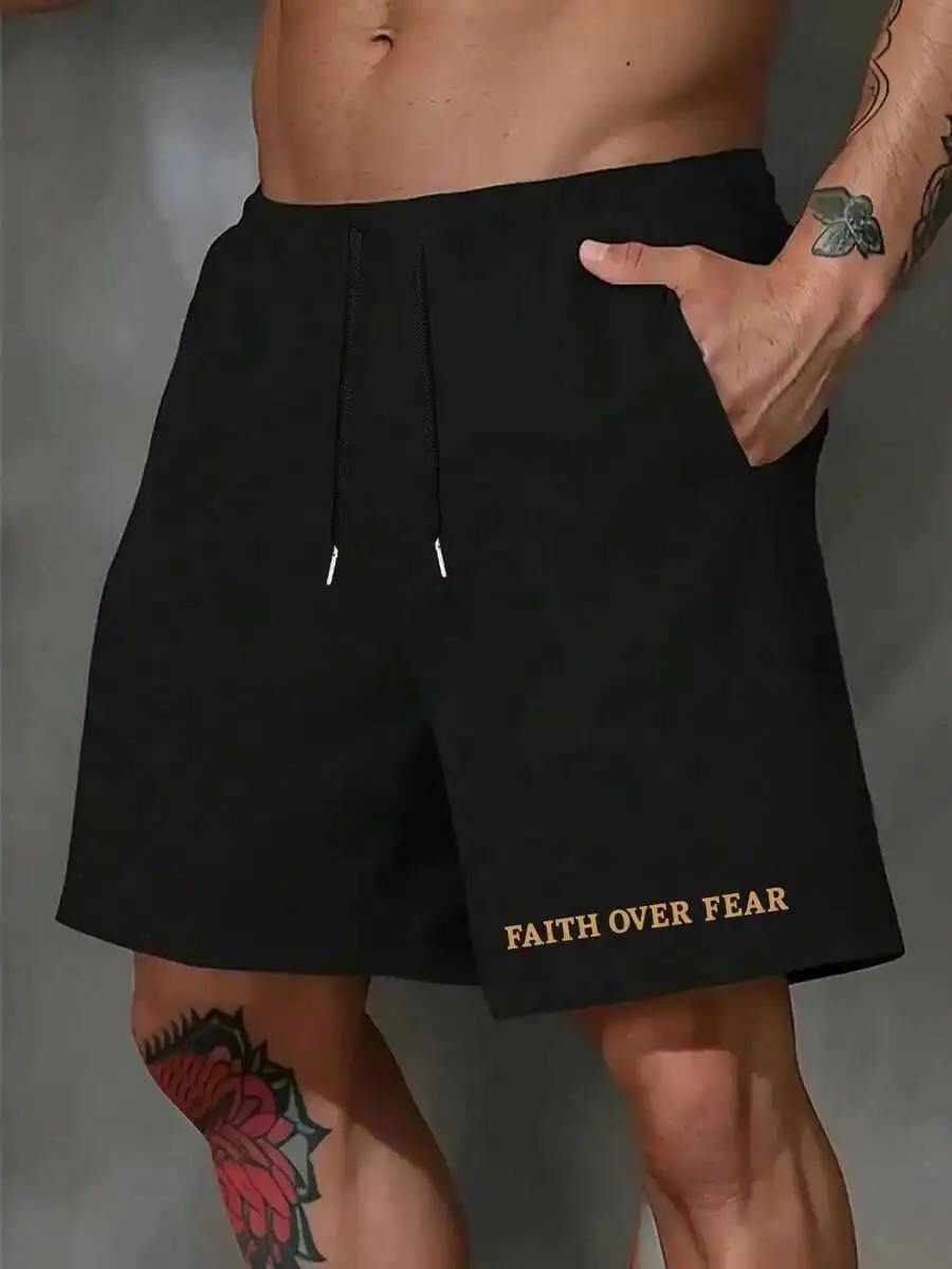

Mens Casual Mid-Length Shorts With Drawstring Waist And Faith Over Fear Print