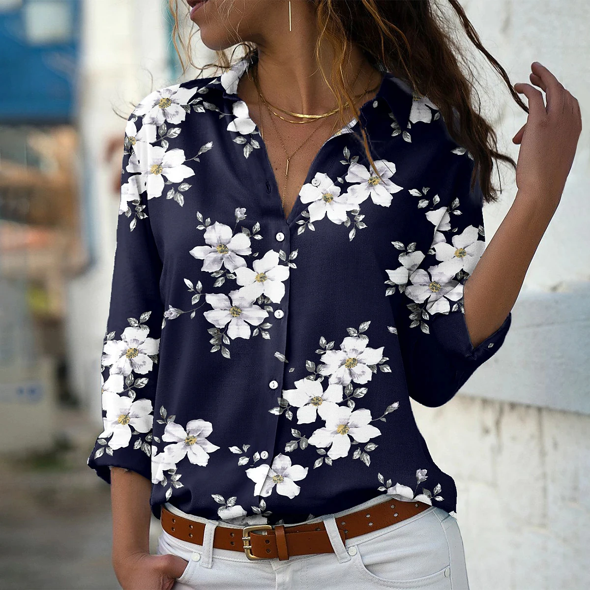 Camisa solta estampada de mulher, blusa casual, temperamento, nova