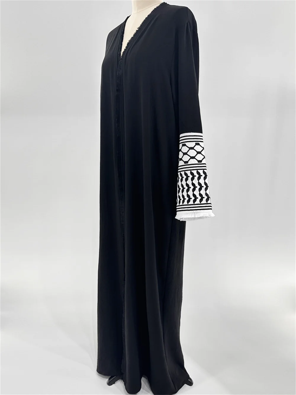 Zwart Open Voorzijde Abaya Moslim Lange Mouw Kimono Abaya Maxi Jurk Dameskleding Kwastje Borduren Kaftans Vrouwen Jilbabs