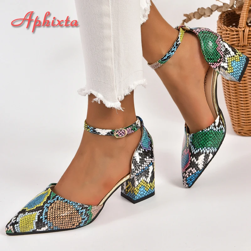 Aphixta 5cm 7cm Square Heel Summer Ankle Strap Pointed Toe Sandals Women Snake Prints Green Leather Open Shoes Pimp Plus Size 46