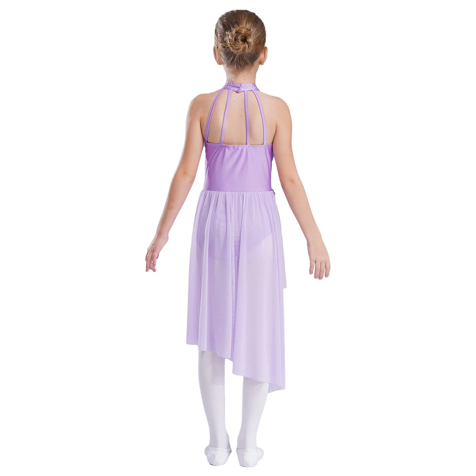 Kids Girls Ballet Lyrical Dance Dresses Sleeveless Irregular Hem Rhinestones Delicate Applique Dress Figure Skating Dancewear