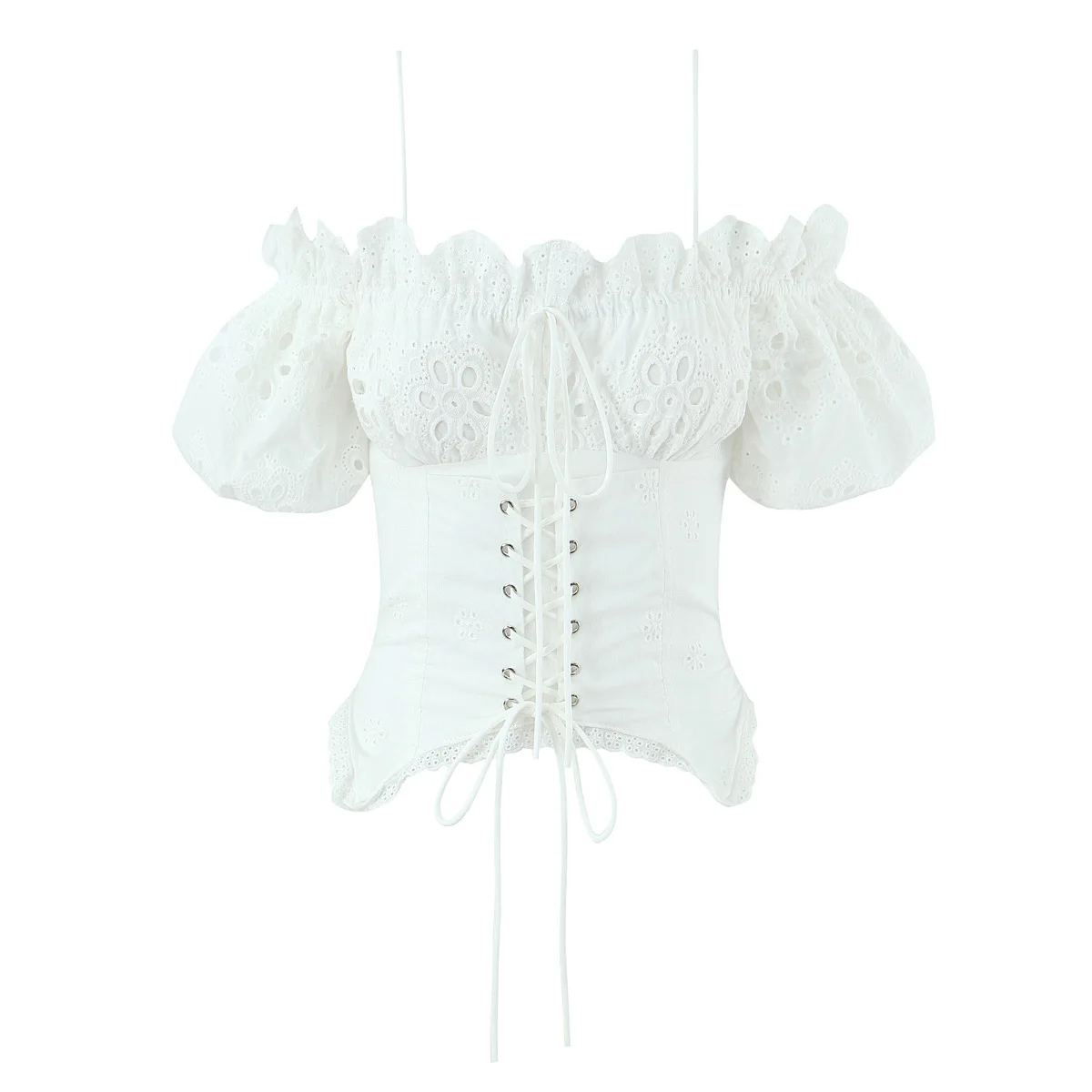 Женский топ во французском стиле с вышивкой, ажурными элементами, открытыми плечами, рукавами-фонариками и завышенной талией.       Q353