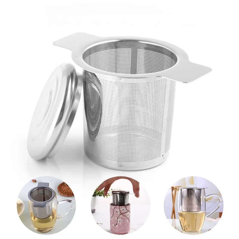 فلتر القهوة قمع شبكة مزدوجة الأذن تسرب القهوة مرشح تسرب الشاي مع غطاء ومعالجة تسرب صافي 304 الفولاذ المقاوم للصدأ