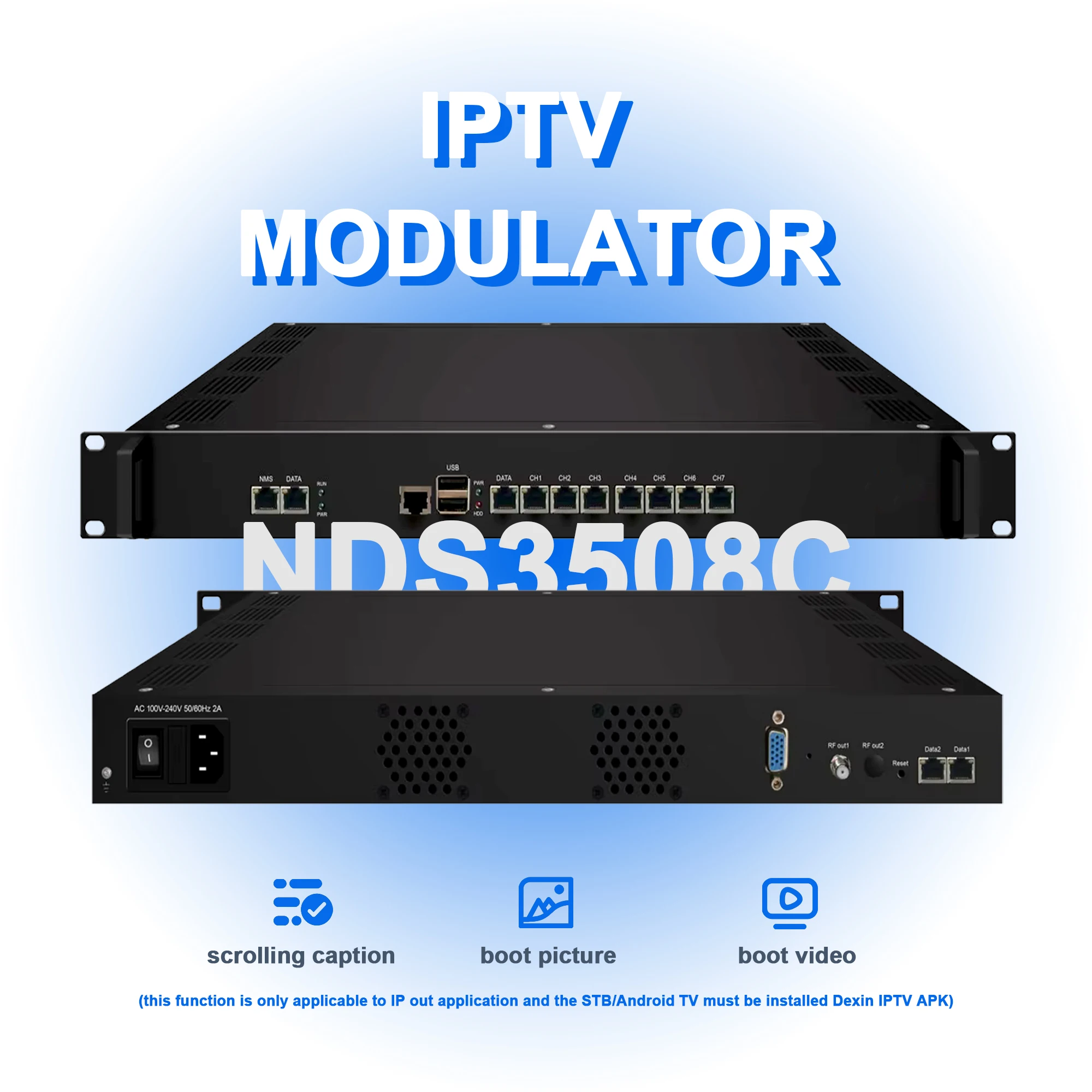 IPTV Streaming Modulator IP (HTTP/RTSP/RTP/UDP/HLS) to Digital RF (DVB-C/T/ISDBT/ATSC) Hotel Cable Front-End Equipment