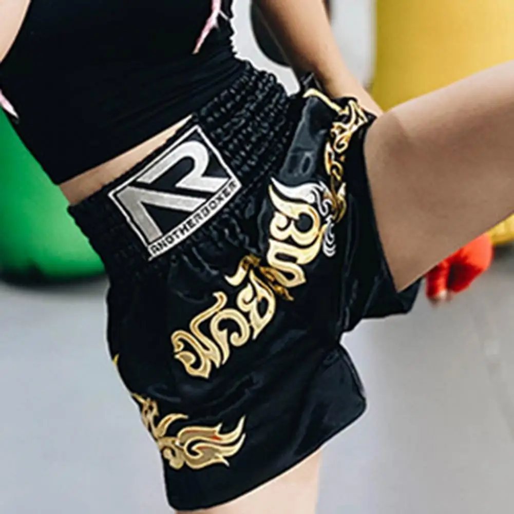 Shorts de boxe com letras impressas, design de cordão muay thai, shorts de kickboxing, costura, artes marciais, esportes, boxe, calças curtas
