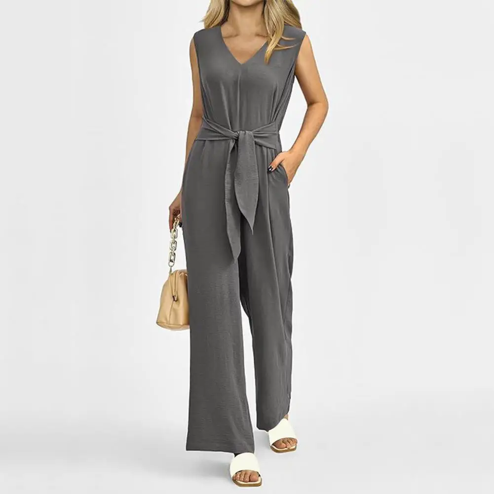 Women's Fashionable and Elegant Style Solid Color Women's Clothing Elegant V-neck Wide Leg Jumpsuit Sleeveless Jumpsuit