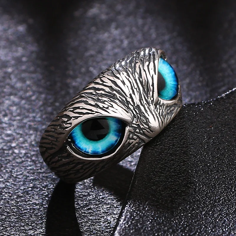 Retro Blue Eye Owl Ring Punk Gothic Adjustable Open Ring For Men Women Silver Color Alloy Jewelry Creative Accessories Cute Gift