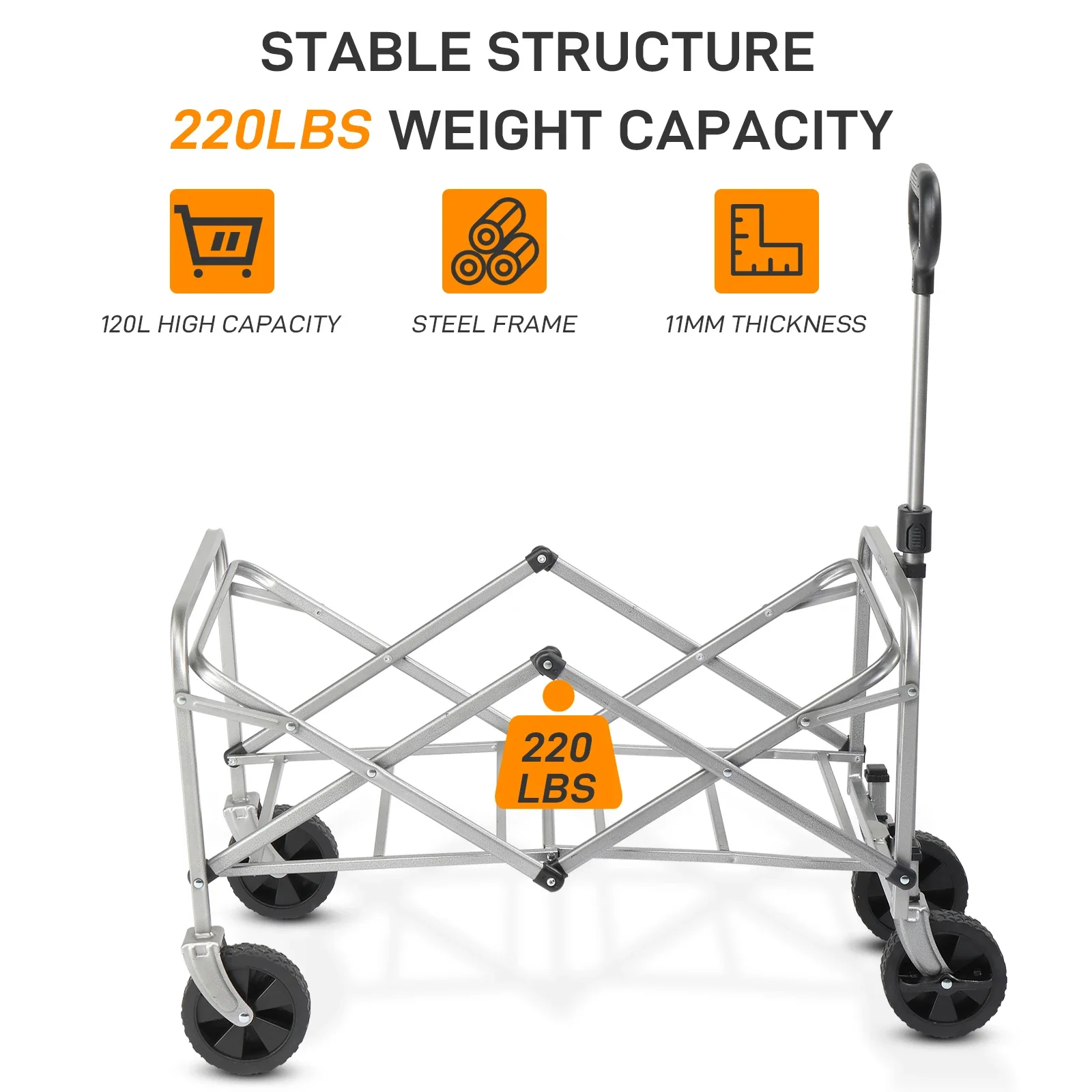 Carrello da campeggio Auto pieghevole da giardino 74.5*455.5*84Cm Panno nero Cornice argento 600D Panno Oxford Telaio in acciaio Sconto piatto 100Kg