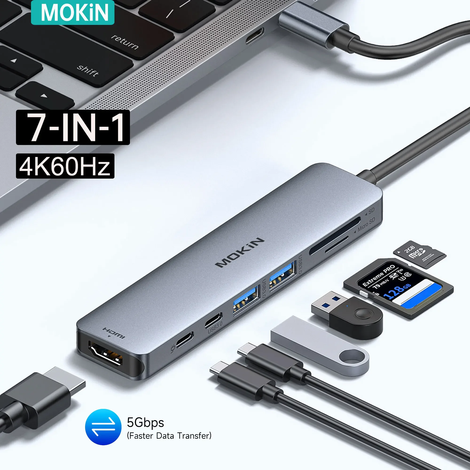 MOKiN 7-in-1 USB C Hub Type C 4K60Hz to HDMI Adapter,Docking Station with PD 100W,3 USB3.0,for MacBook Pro Air M2 M1 HP usb hub