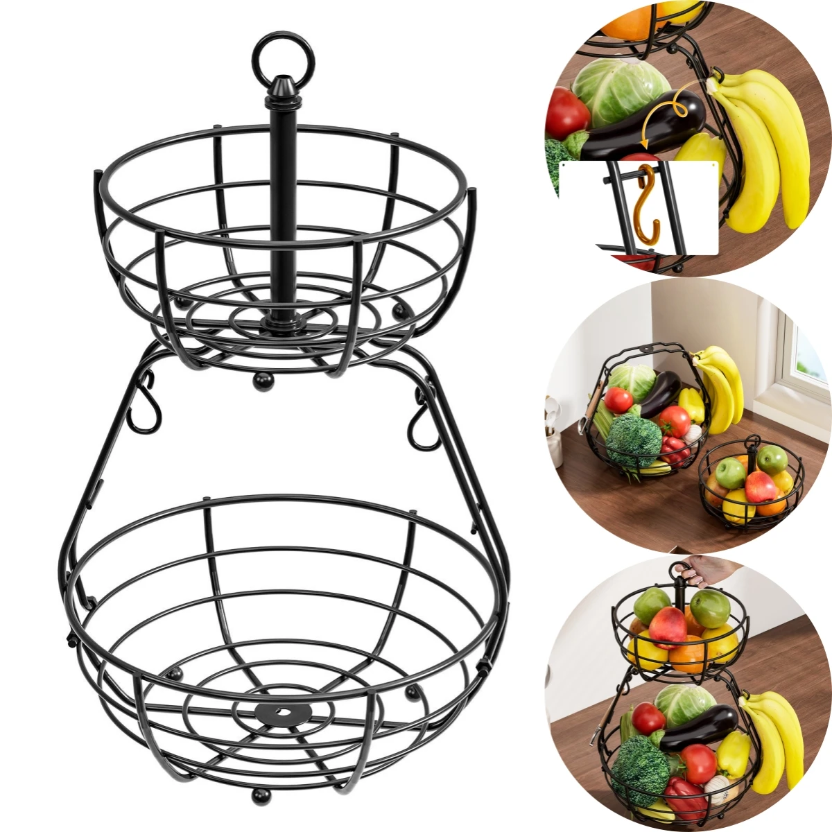 

2 Tier Fruit Organizer Kitchen Organizer Banana Hook Stand 50x30x30cm 2Tier Fruit Basket Effortless Access Basket