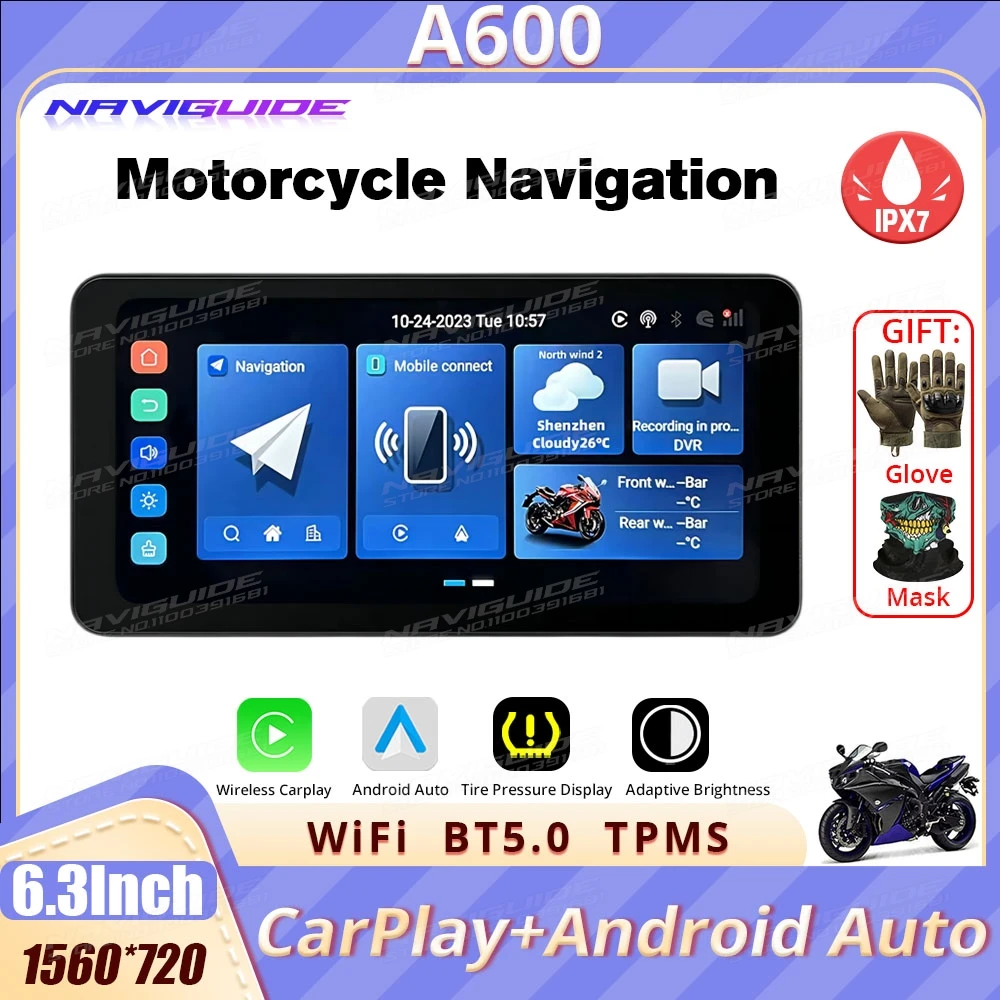 

NAVIGUIDE A600 6,3 ''Android 12 carplay мотоцикл Беспроводной CarPlay и Android Авто Портативный Moto ЖК-дисплей IPX7 WiFi 1560*720 BT