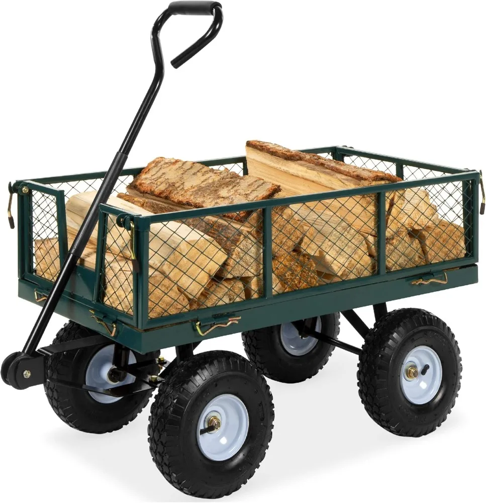 

Utility Garden Cart Wagon for Lawn, Yard w/Heavy-Duty Steel 400lb Weight Capacity, Removable Sides, Long Handle, 10in Tires