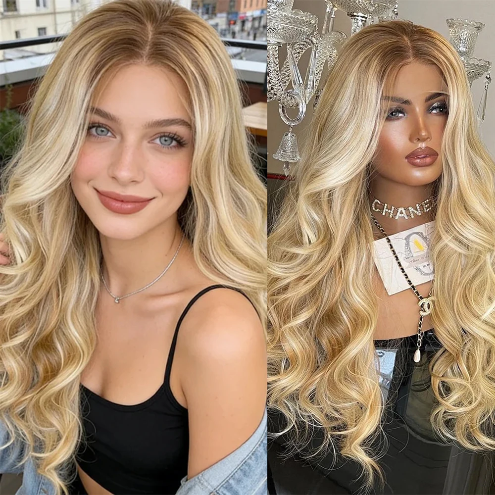 

Golden Blonde Highlights Synthetic Lace Front Wig 13x4 Glueless Rooty Long Wavy for Women Natural Hairline Realistic Look Wig