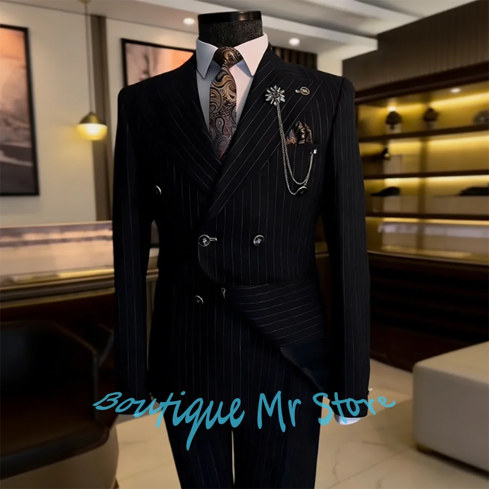 

Classic Men's Black Pinstripe Double Breasted Suit Set 2 Piece Jacket Pants Formal Business Blazer for Wedding Groom Party