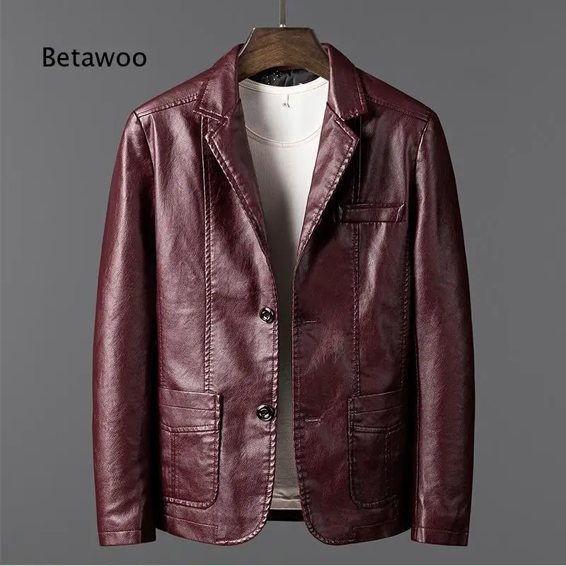 Men PU Leather Biker Jacket Notched Lapel Slim Fit Business Casual Outerwear Korean Fashion Style Coat For Male In Spring And Au