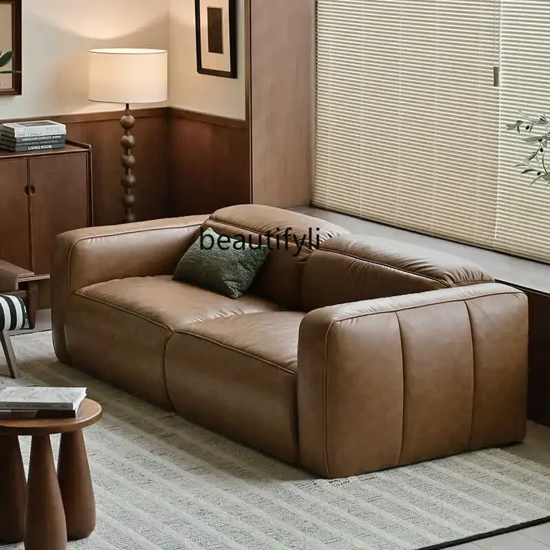 

FAMedieval sofa three-person straight row retro oil wax leather sofa, adjustable backrest