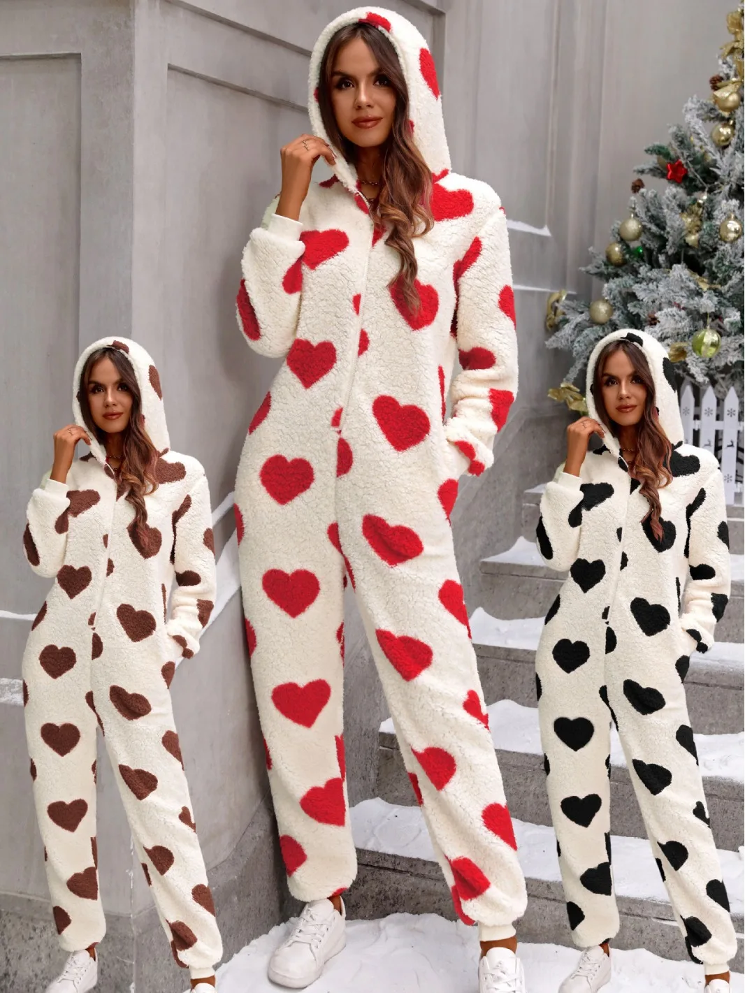 

European and American Women's Autumn and Winter New Plush Love Printed Christmas Hooded Jumpsuit