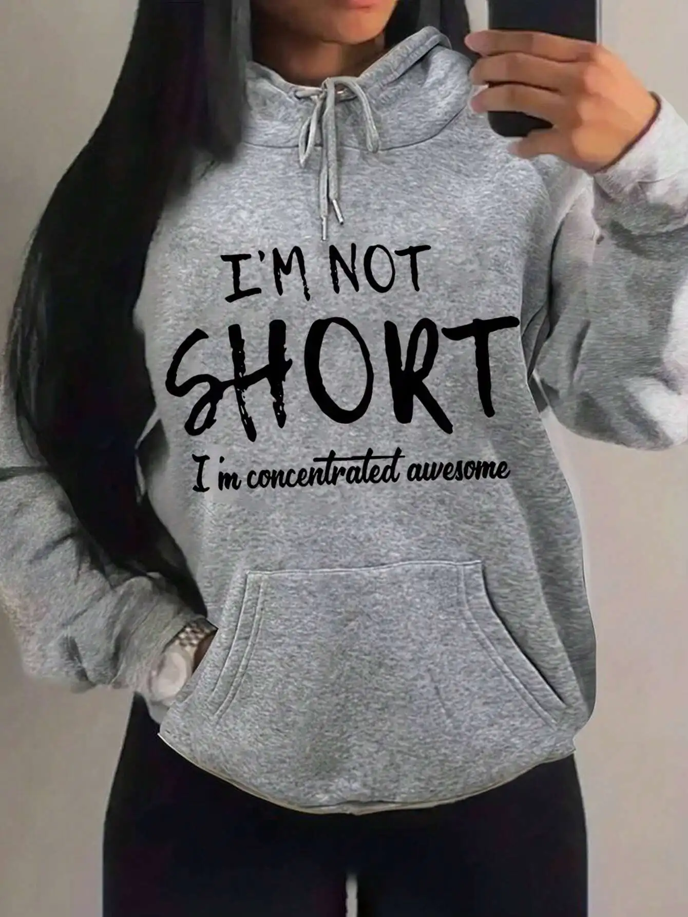 

Women's Graphic Hoodie with Slogan 'I'm Not Short I'm Concentrated Awesome' - Casual Drawstring Hooded Sweatshirt