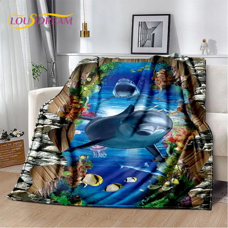 3D Seabed Illusion Underwater World Dolphin Fish Plush Blanket,Flannel Blanket Throw Blanket for Living Room Bedroom Beds Sofa