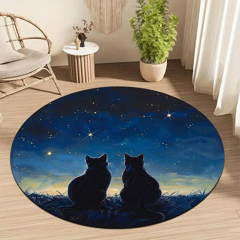 1pc Cute Black Cat Floor Mat - Non-Slip Machine Washable Mat with Magical Forest Night Sky Design, Soft Polyester Mat for Living