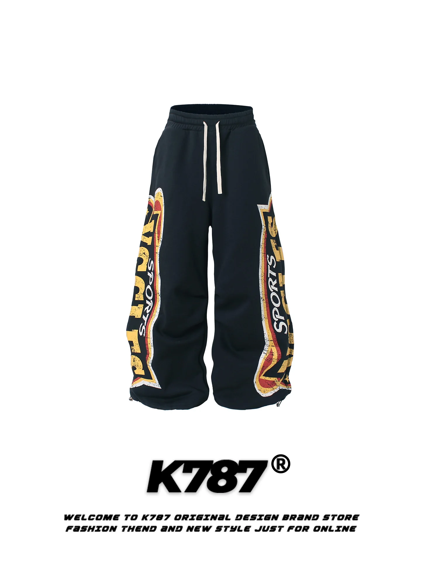 

K787 American Style Streetwear Printed Fleece Lined Sports Dance Casual Pants High Waist Wide Leg Loose Fit Men Women