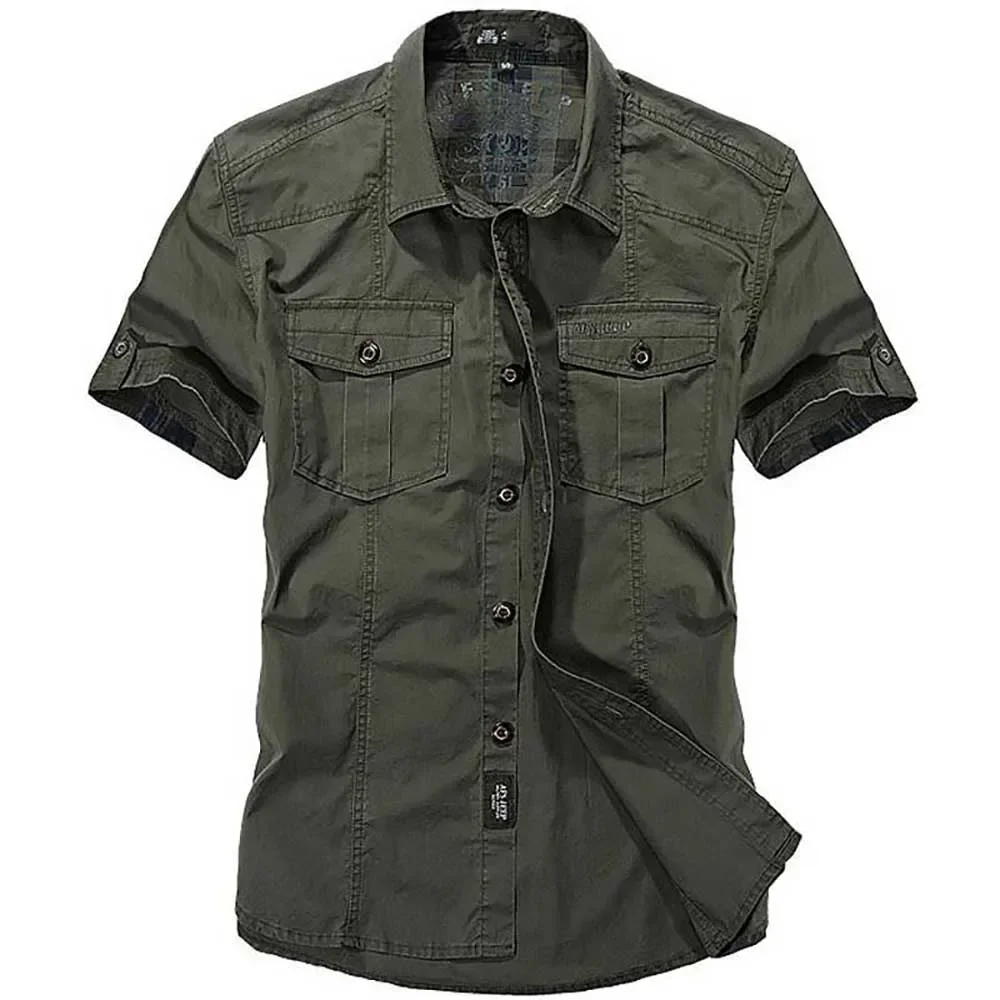 Camisas informales de algodón para hombre, camisas holgadas de manga corta con cuello vuelto, Tops de estilo militar, novedad de verano, 2024