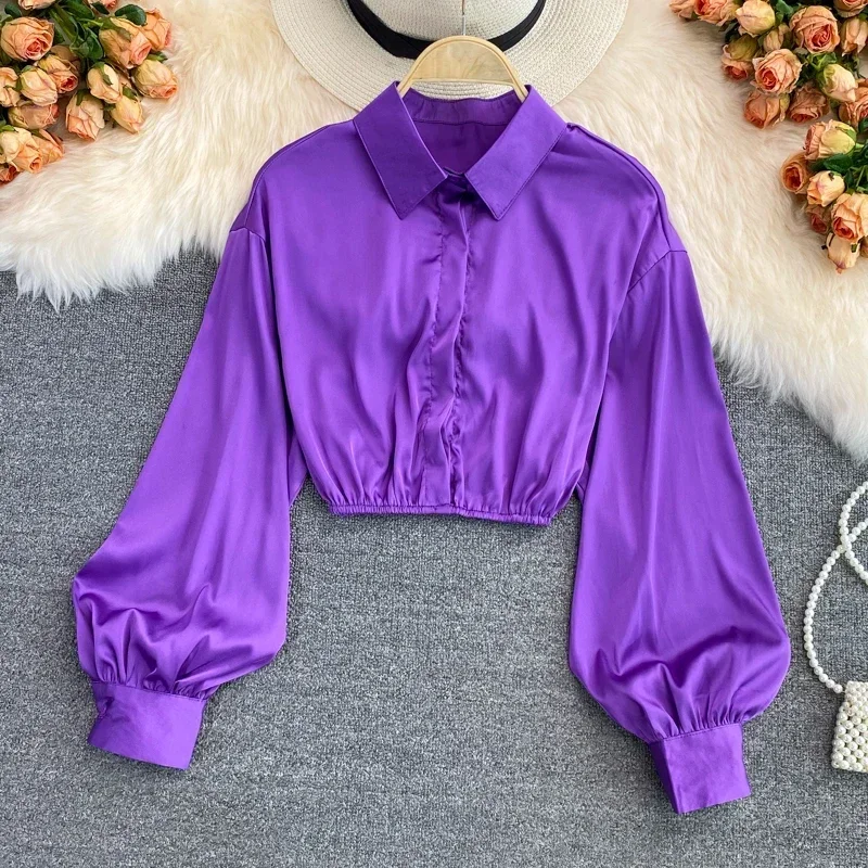 

2024 Spring Summer New Tops Woman Blouse Solid Color Shirts Satin Long Sleeve Women Female Shirt