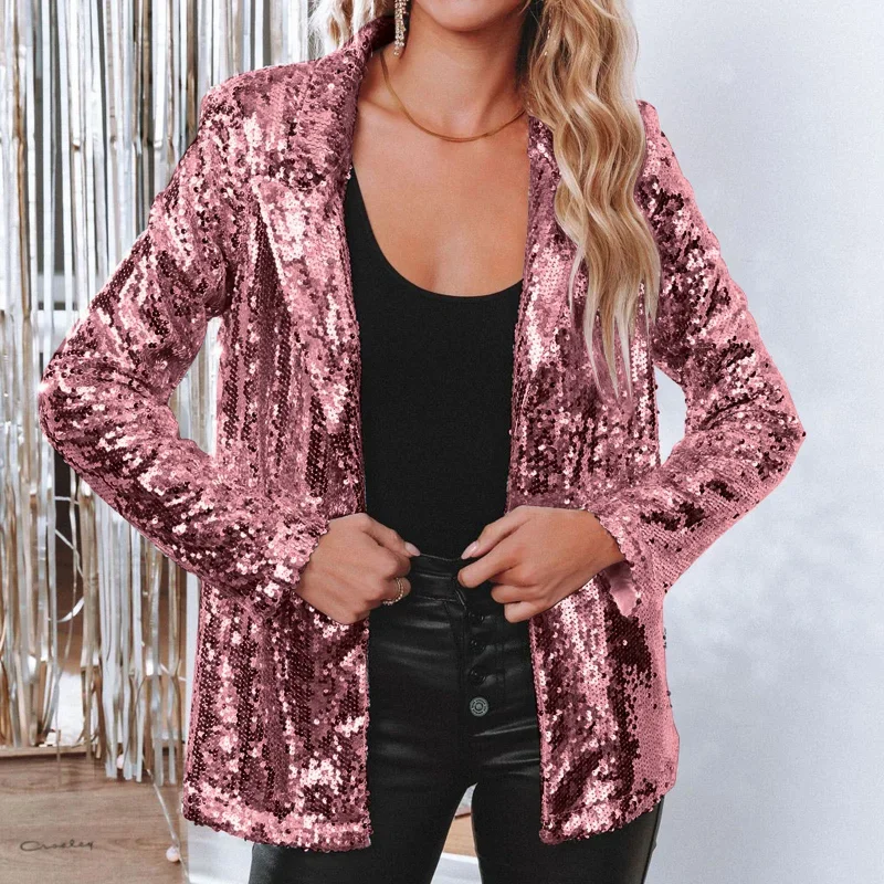 Primavera estate Casual Chic argento lucido manica lunga partito Cardigan giacche e cappotti donna moda paillettes blazer