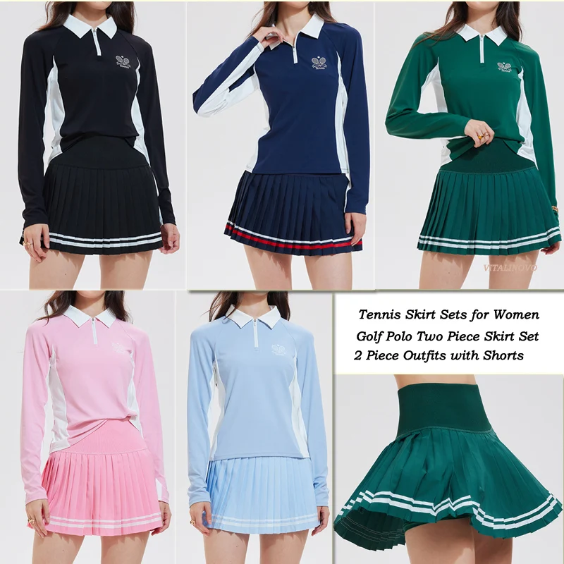 VITALINOVO Damen 2-teiliges Tenniskleid, hoch taillierter Faltenrock, Skorts, Reißverschluss, Farbblock, Golf-Poloshirts, Pickleball Athletic – Detail 7
