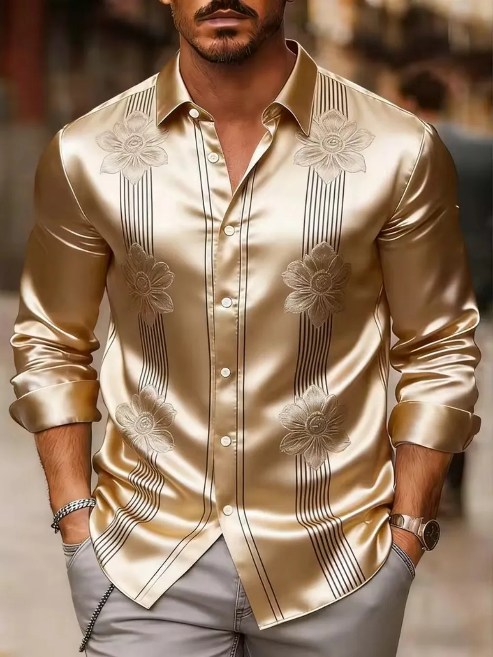 Men's Satin Printed Shirt with Fashionable Patterns and Luxurious Style.