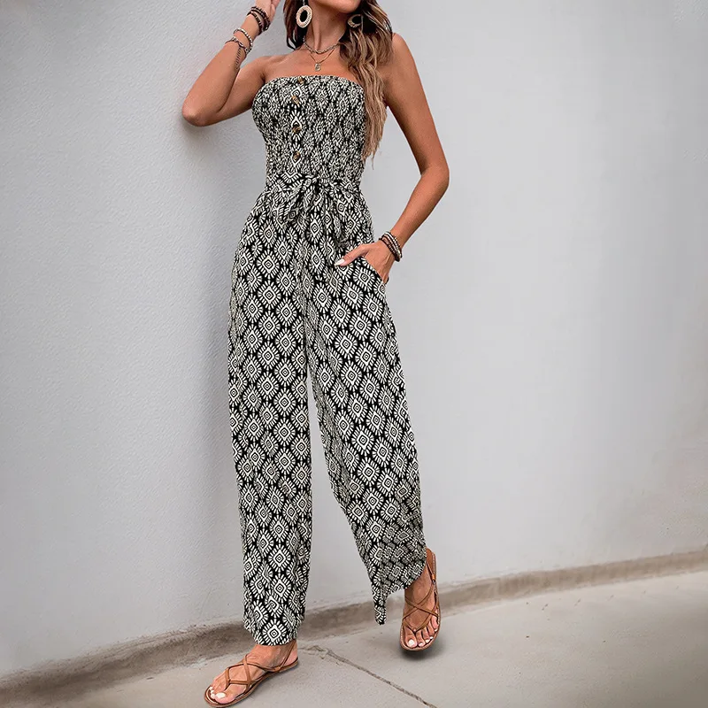 2026 Women's New Vacation Retro Ethnic Style Strapless Geometric Pattern Jumpsuit