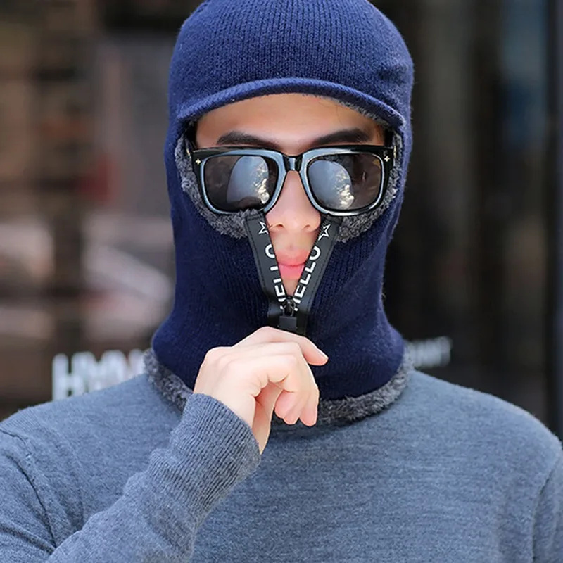 Padded Thermal Brim Beanie Hat for Men Fleece-Lined Cold-Weather Knitted Balaclava with Zipper & Ear/Neck/Face Shield