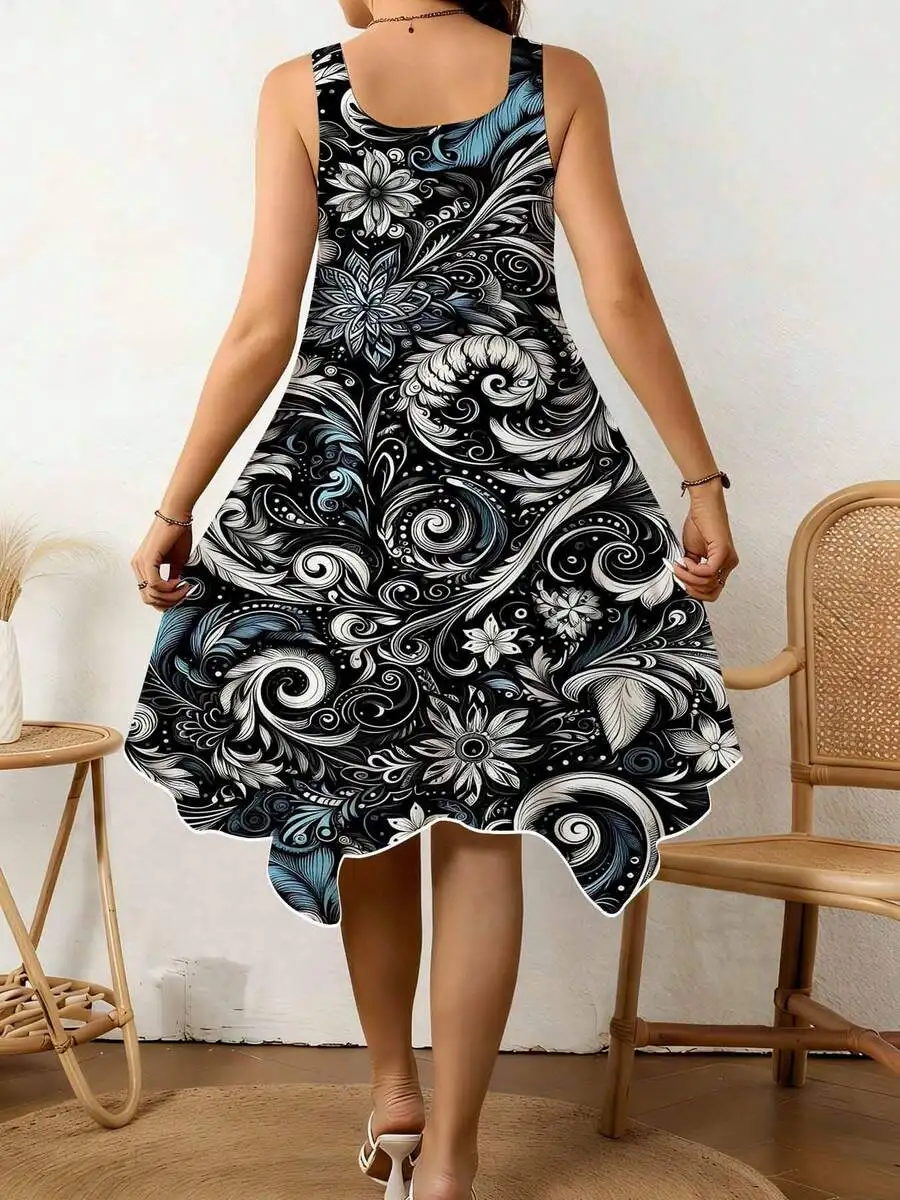 

Boho-Style Sleeveless Dress With V-Neck, Asymmetrical Hem, And Black-White-Blue Floral Swirl Print For Summer Beach Casual Wear