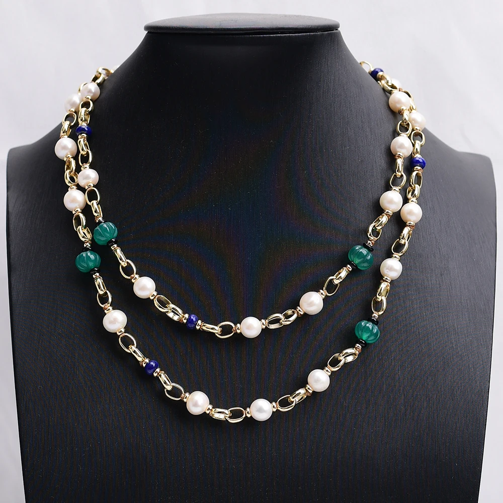 G-G Natural Blue Lapis lazuli Green Agate White Pearl Gold Chain Long Necklace 36'' Handmade For Lady