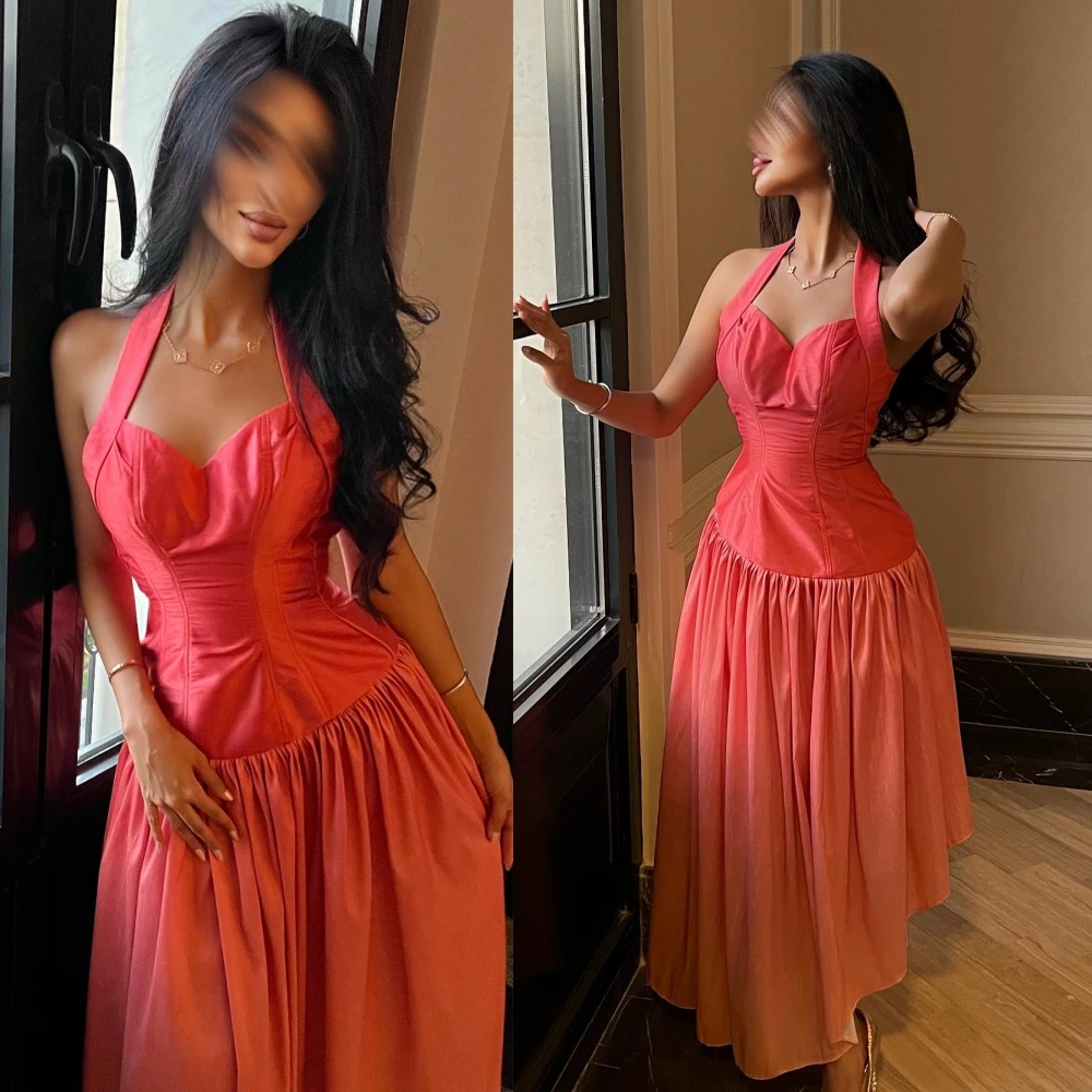 

Simple Fashion Halter A-line Prom Dresses Open back Draped Satin Anke length Evening فساتين سهره فاخره vestidos de noche