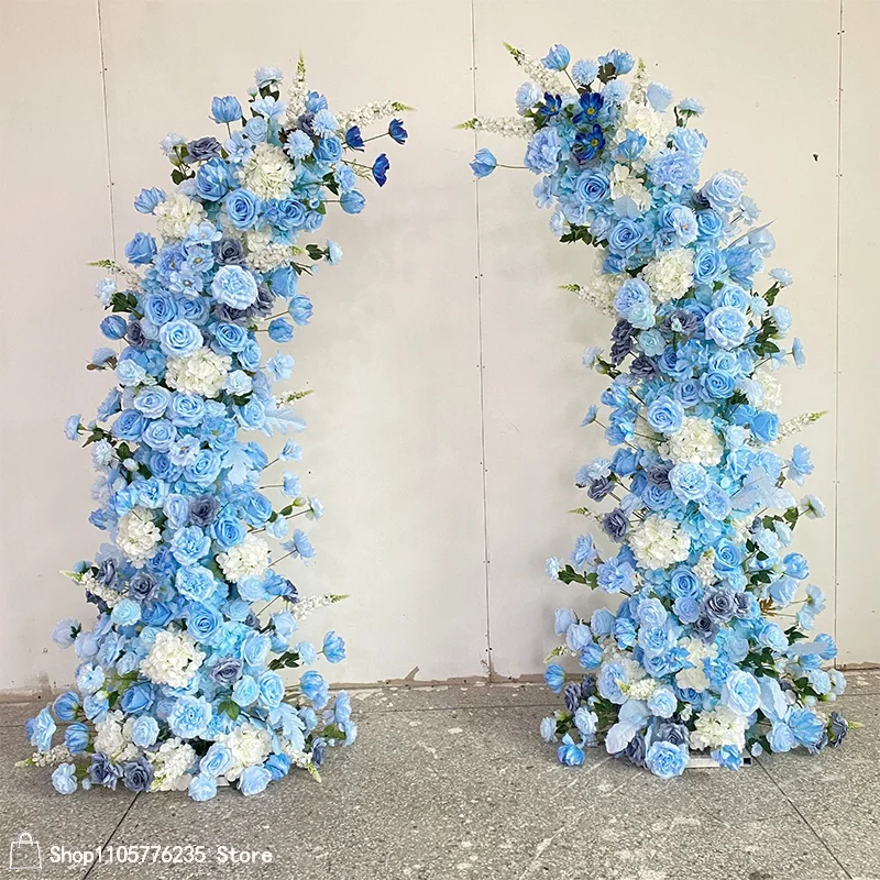 Blaues Künstliches Blumen-Mond-Ochsenhorn-Bogen-Arrangement mit Rosen, Luxuriöser Hochzeits-Hintergrundrahmen, Dekoration für Strand, Outdoor-Zeremonien und Partys – Detail 6
