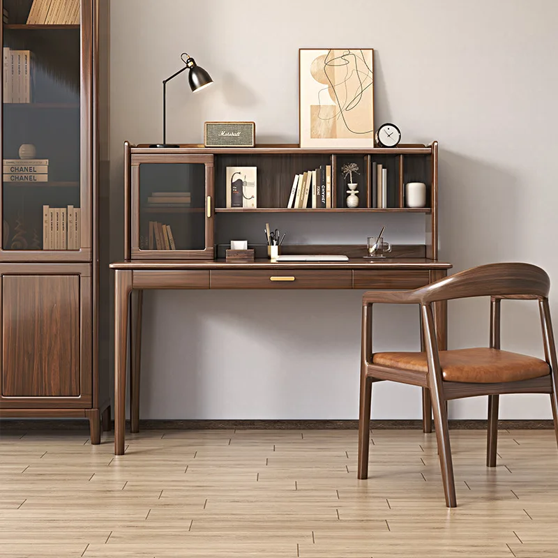 Meja kerja kayu walnut hitam bergaya Nordik simpel modern, kayu solid, untuk rumah, siswa, komputer, dengan rak buku