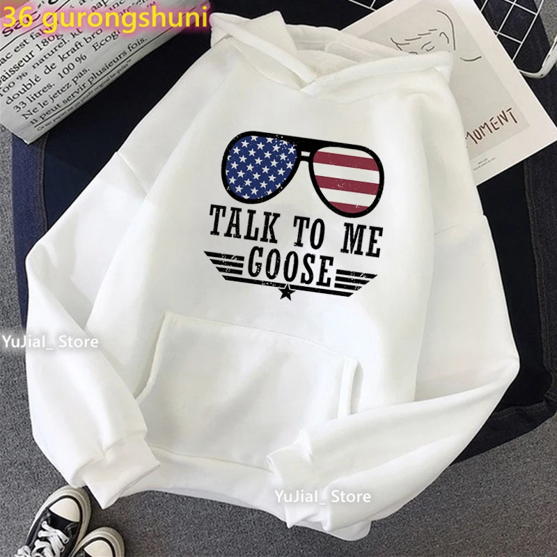 

American Flag Cap Hoodies Femme Talk To Me Goose Graphic Print Sweatshirt Women Fashion Long-Sleeved Velvet Thickening Tops