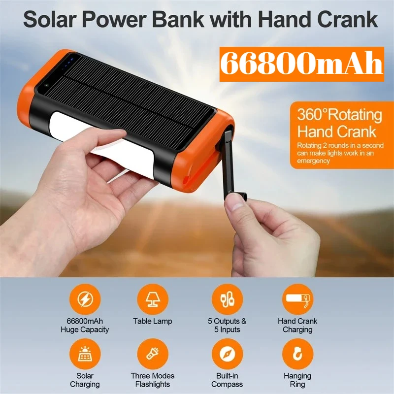 

Ручная рукоятка Solar Power Bank 66800 мАч Открытый кемпинг с кабелем Светодиодный светильник Портативный внешний аккумулятор Powerbank для IPhone Xiaomi