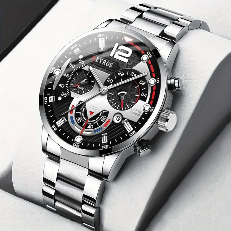 นาฬิกาควอทซ์แฟชั่นลำลองสำหรับผู้ชาย 4 ชิ้น, นาฬิกาสำหรับนักธุรกิจ, หน้าปัดทรงกลม, สายโลหะผสม