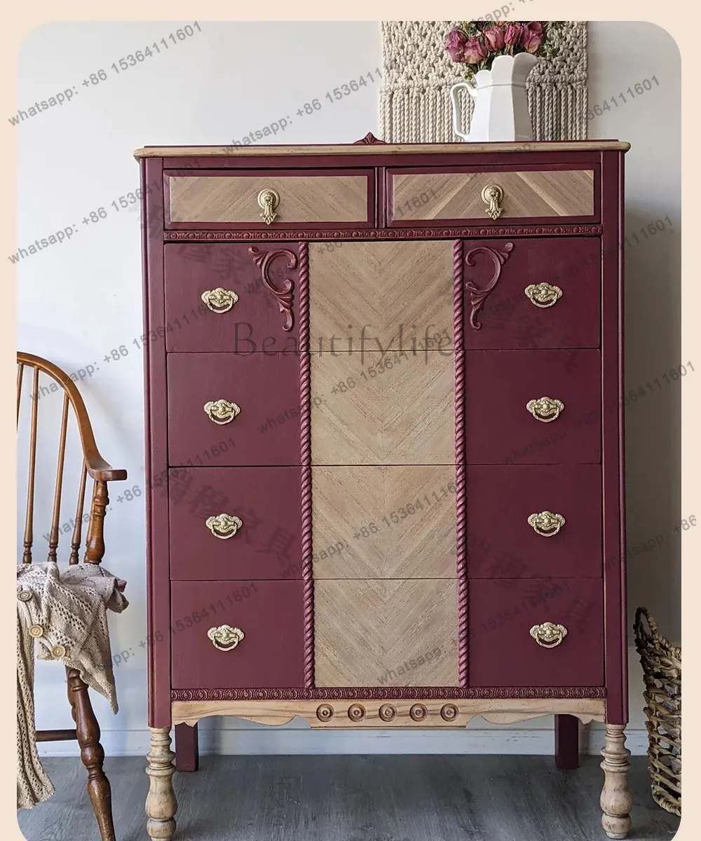 French contrasting solid wood chest, living room decoration storage room, American retro master bedroom high-value locker